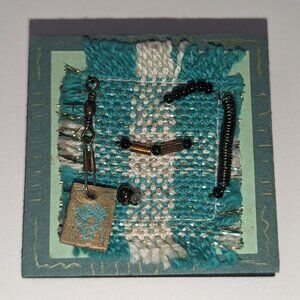Handmade Woven Mixed Media Pin Brooch Fiber Art Teal Plaid with Copper Tone Wire
